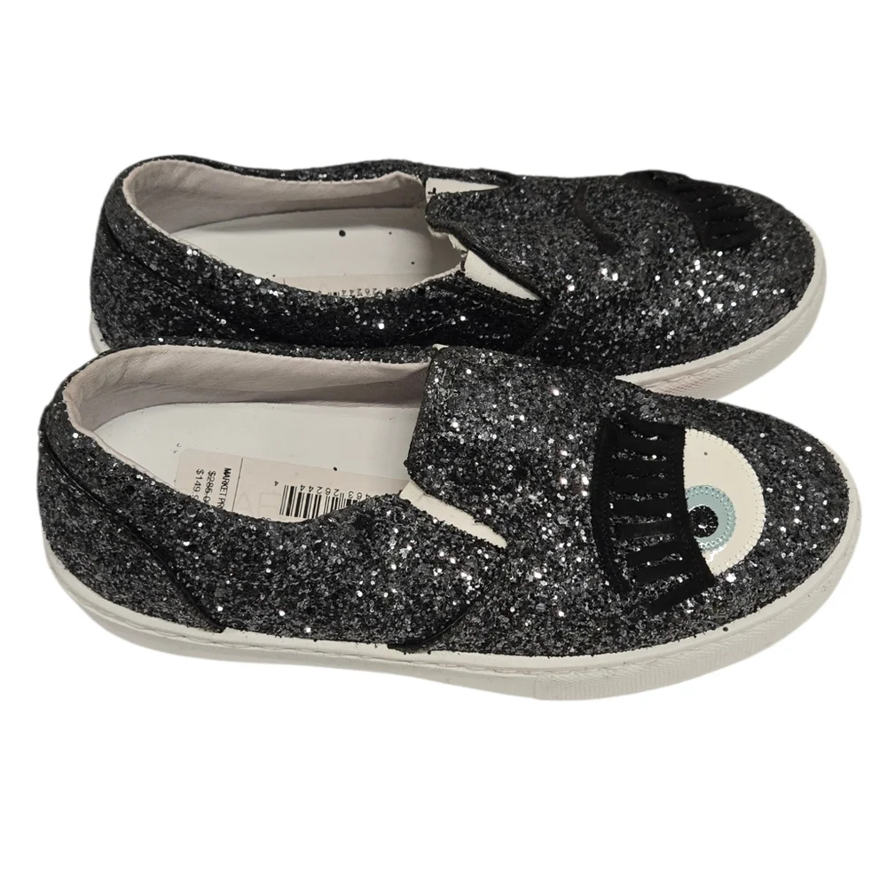 NEW‎ Chiara FerragniDark Grey Glitter Flirting Wink Eye Leather Sneakers SZ 36